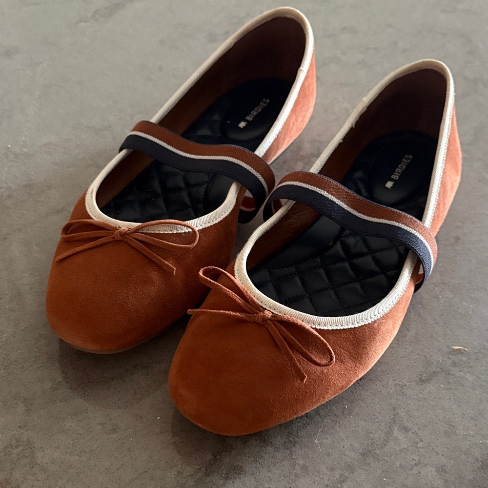 Birdies Rust Suede Mary Jane Flats with Navy Striped Elastic